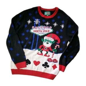 Ugly Xmas Sweater mens XXL Casino lucky elf Light UP pull over long sleeves